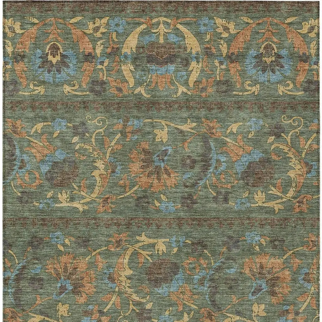10' X 14' Green And Copper Floral Washable Indoor Outdoor Area Rug Homeroots Outdoor