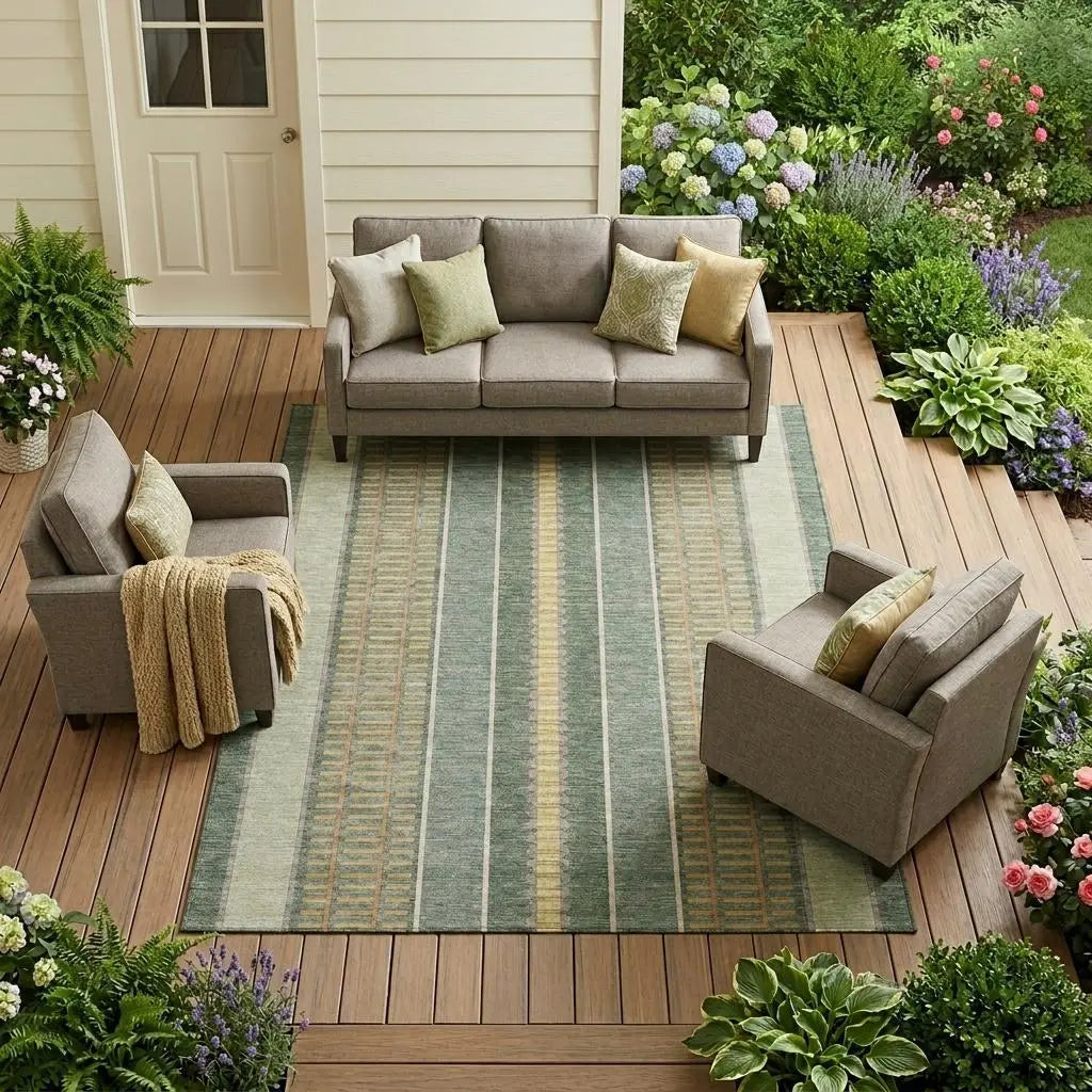 10' X 14' Green And Denim Blue Striped Washable Indoor Outdoor Area Rug Homeroots Outdoor