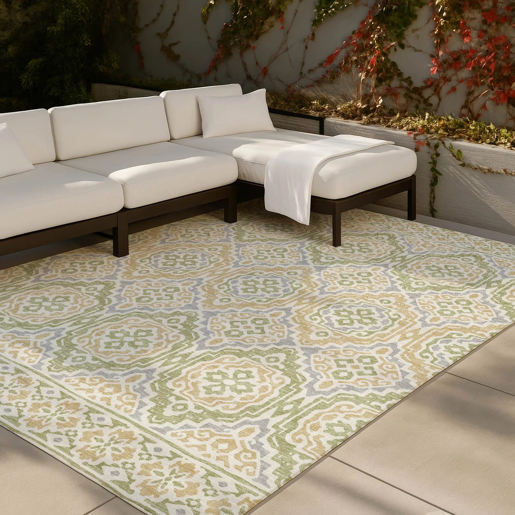 10' X 14' Green And Denim Blue Tribal Washable Indoor Outdoor Area Rug Homeroots Outdoor