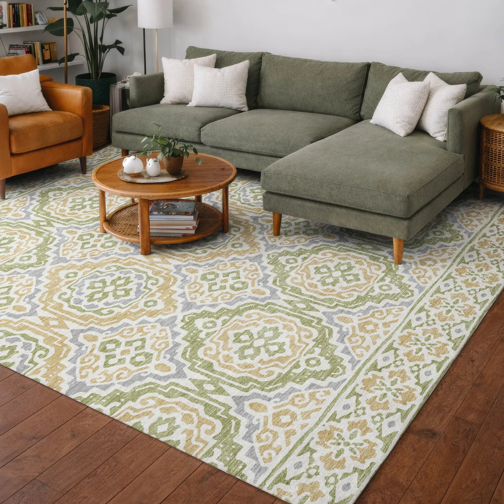 10' X 14' Green And Denim Blue Tribal Washable Indoor Outdoor Area Rug Homeroots Outdoor