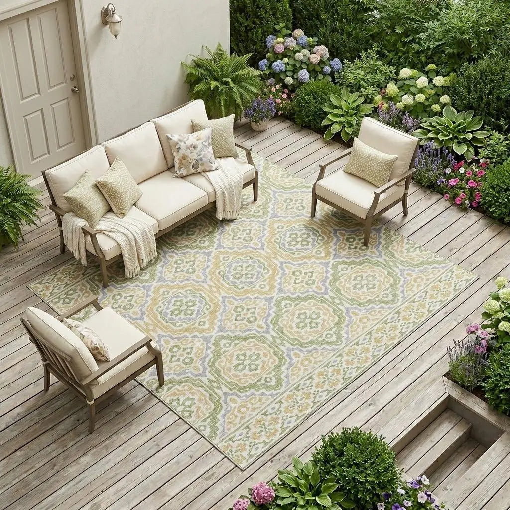10' X 14' Green And Denim Blue Tribal Washable Indoor Outdoor Area Rug Homeroots Outdoor