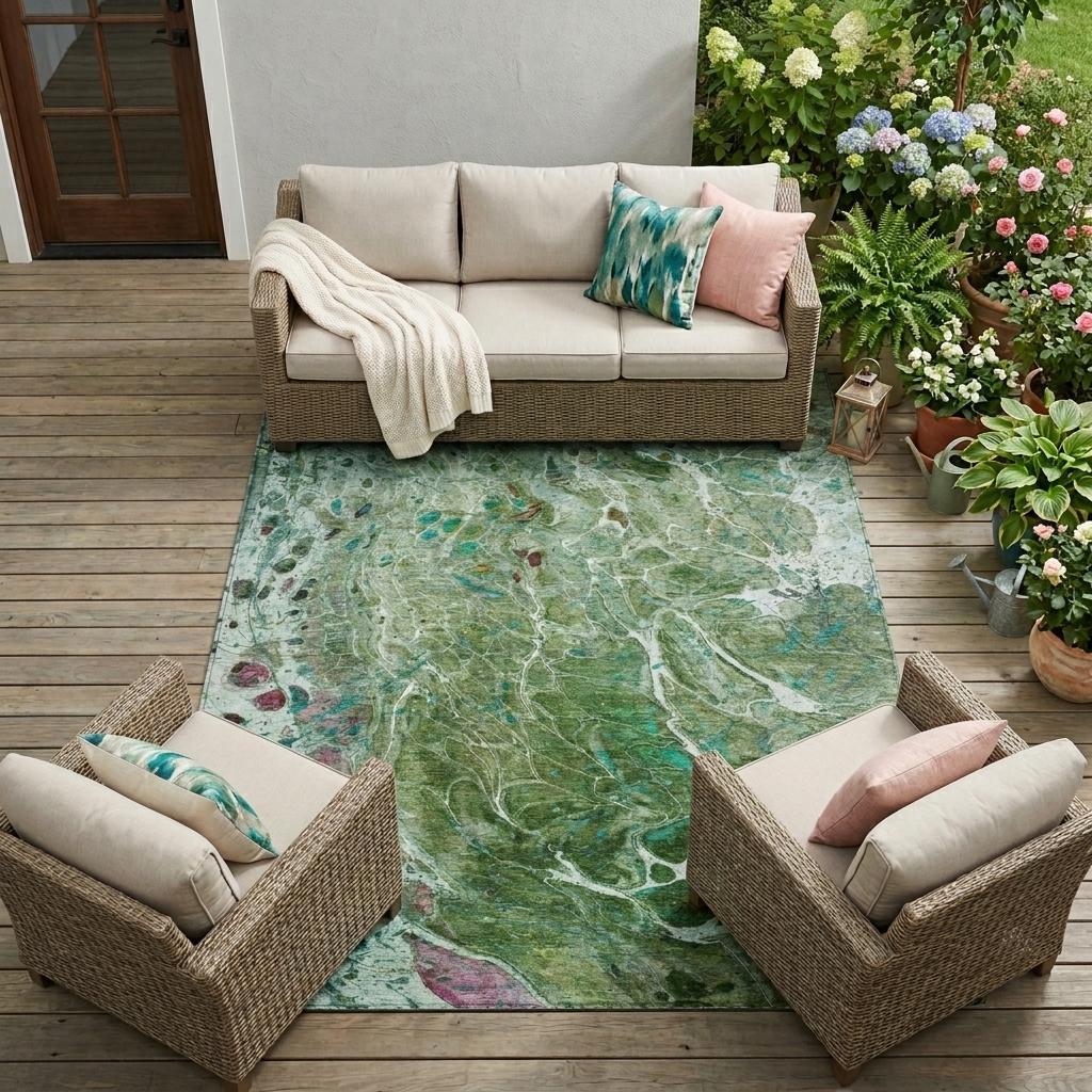 10' X 14' Green And Fern Green Abstract Washable Indoor Outdoor Area Rug Homeroots Outdoor