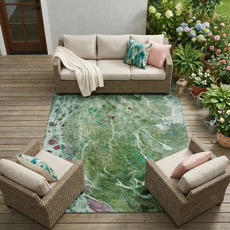 10' X 14' Green And Fern Green Abstract Washable Indoor Outdoor Area Rug Homeroots Outdoor