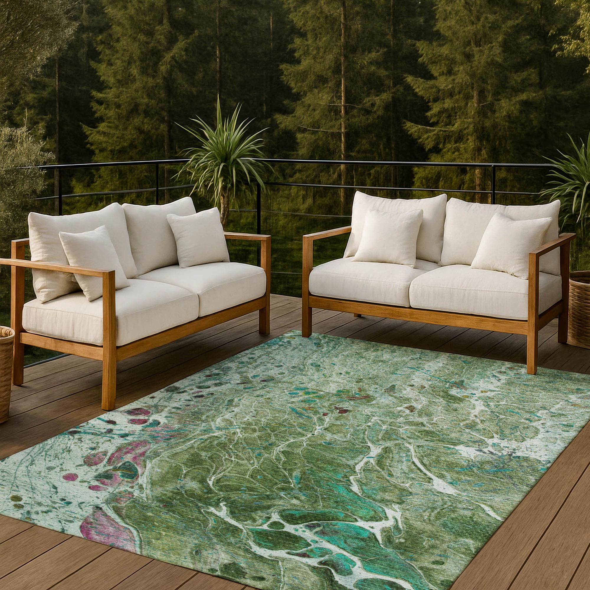 10' X 14' Green And Fern Green Abstract Washable Indoor Outdoor Area Rug Homeroots Outdoor