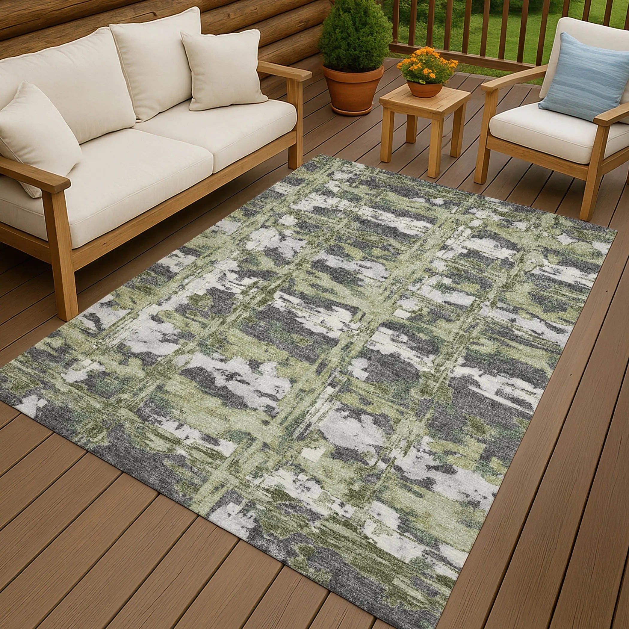 10' X 14' Green And Gray Abstract Washable Indoor Outdoor Area Rug Homeroots Outdoor