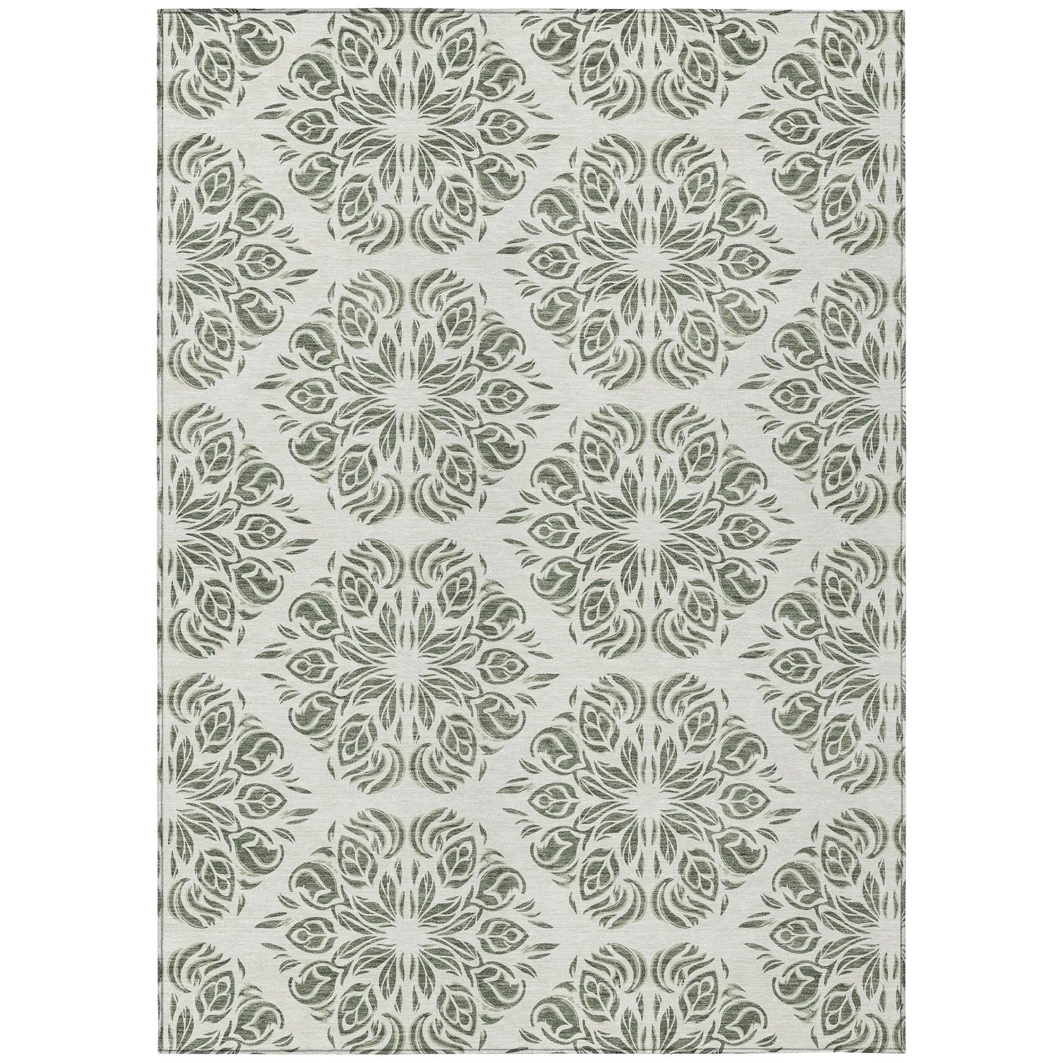 10' X 14' Green And Ivory Damask Washable Indoor Outdoor Area Rug Homeroots Outdoor
