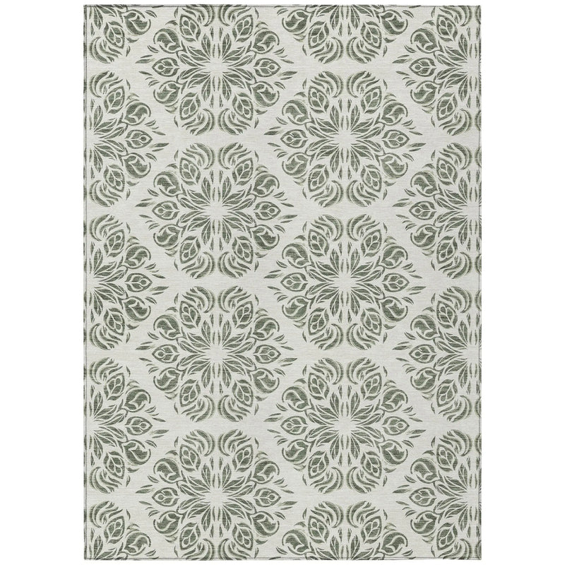 10' X 14' Green And Ivory Damask Washable Indoor Outdoor Area Rug Homeroots Outdoor