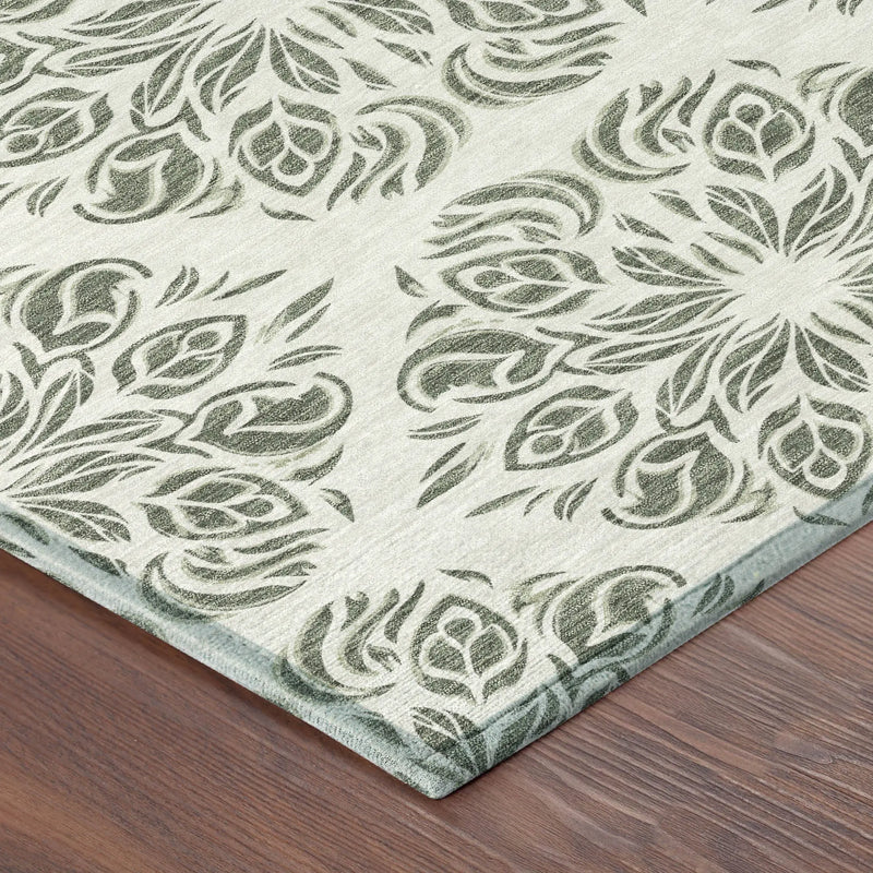 10' X 14' Green And Ivory Damask Washable Indoor Outdoor Area Rug Homeroots Outdoor