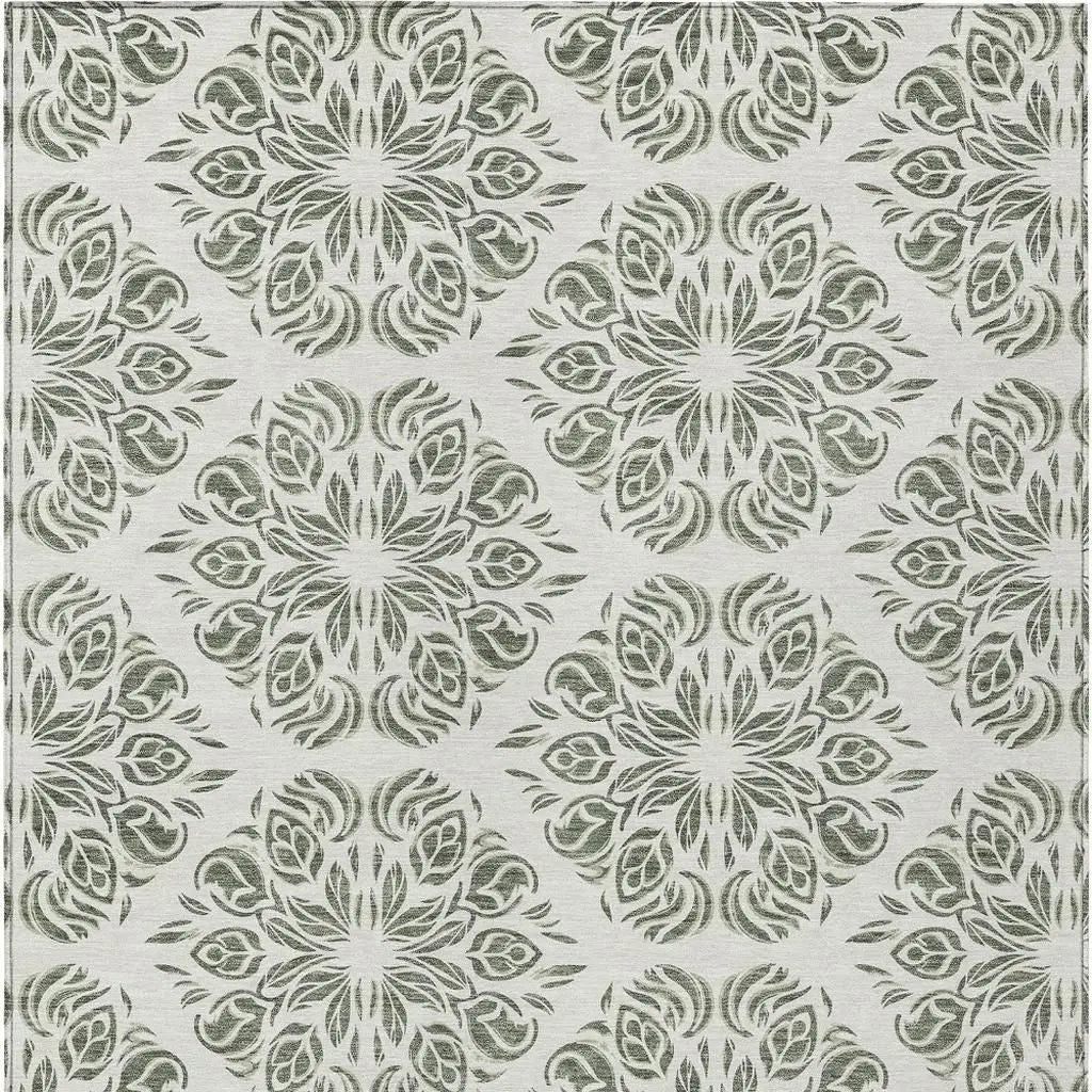 10' X 14' Green And Ivory Damask Washable Indoor Outdoor Area Rug Homeroots Outdoor