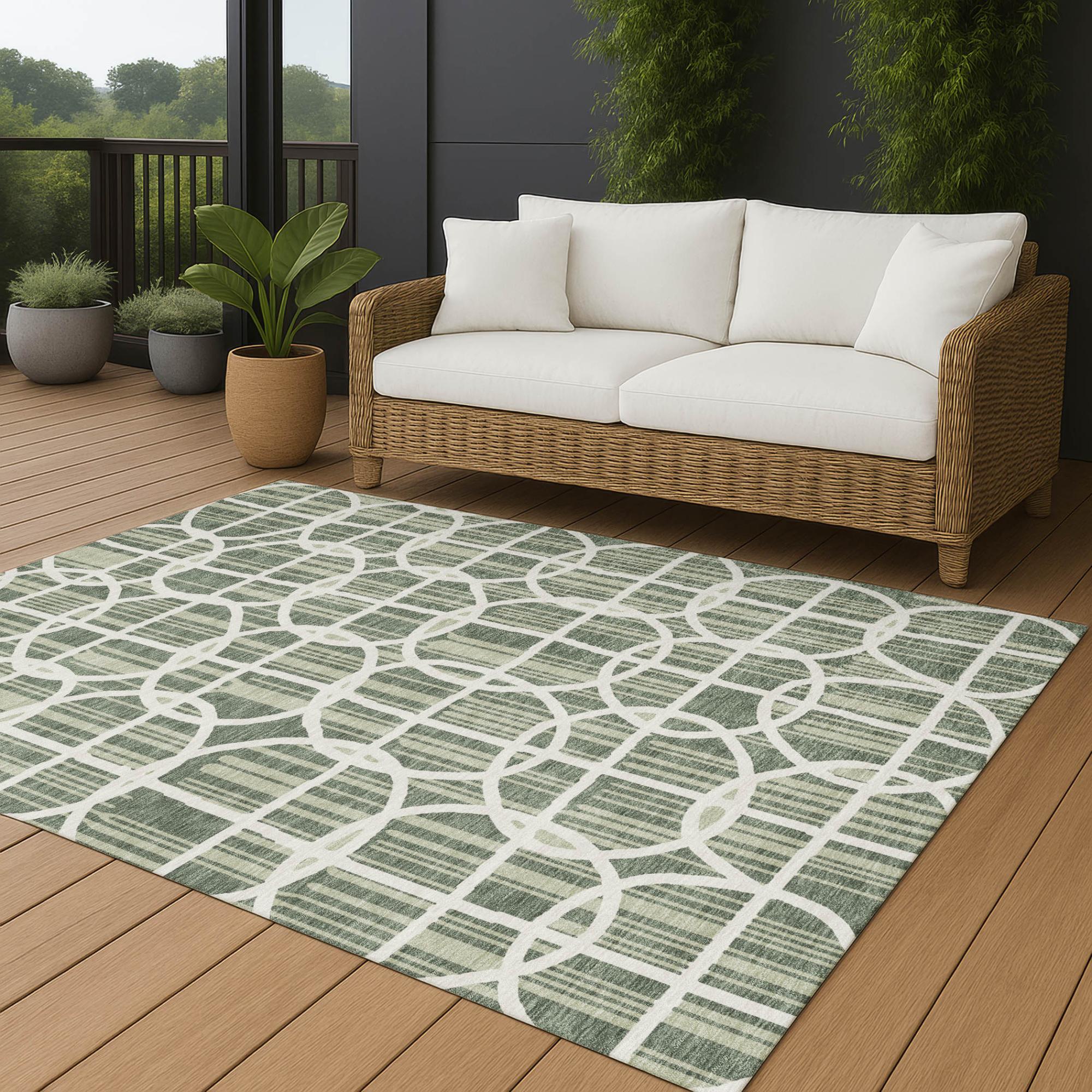 10' X 14' Green And Ivory Geometric Washable Indoor Outdoor Area Rug Homeroots Outdoor
