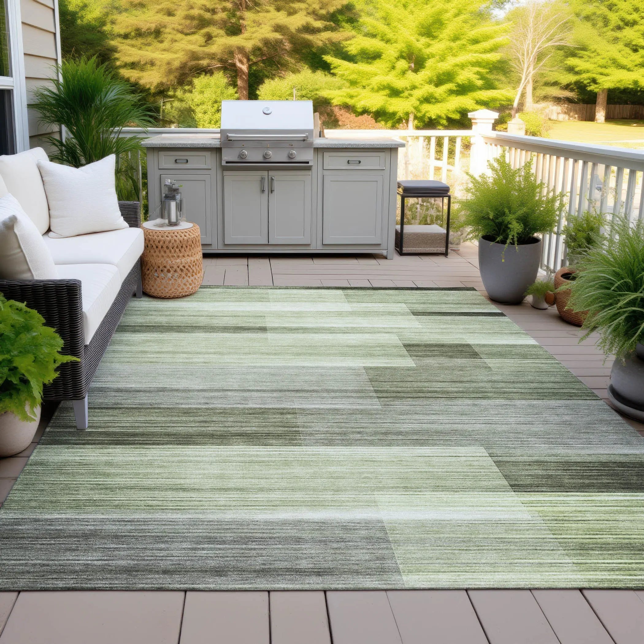 10' X 14' Green And Ivory Striped Washable Indoor Outdoor Area Rug Homeroots Outdoor
