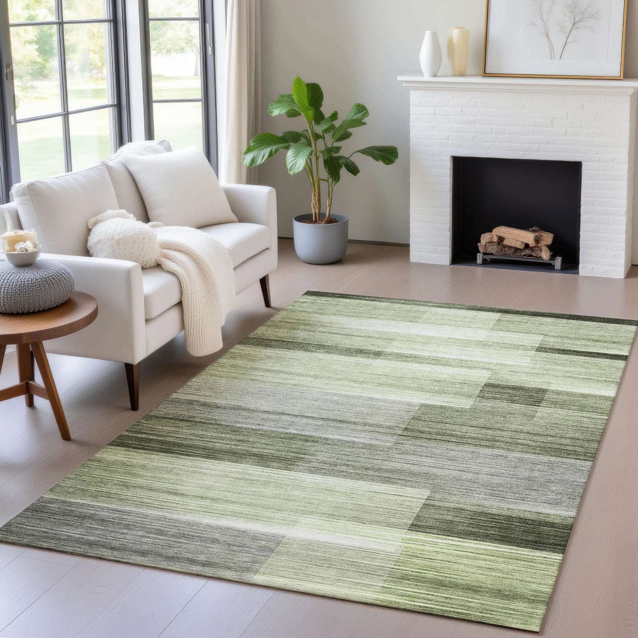 10' X 14' Green And Ivory Striped Washable Indoor Outdoor Area Rug Homeroots Outdoor