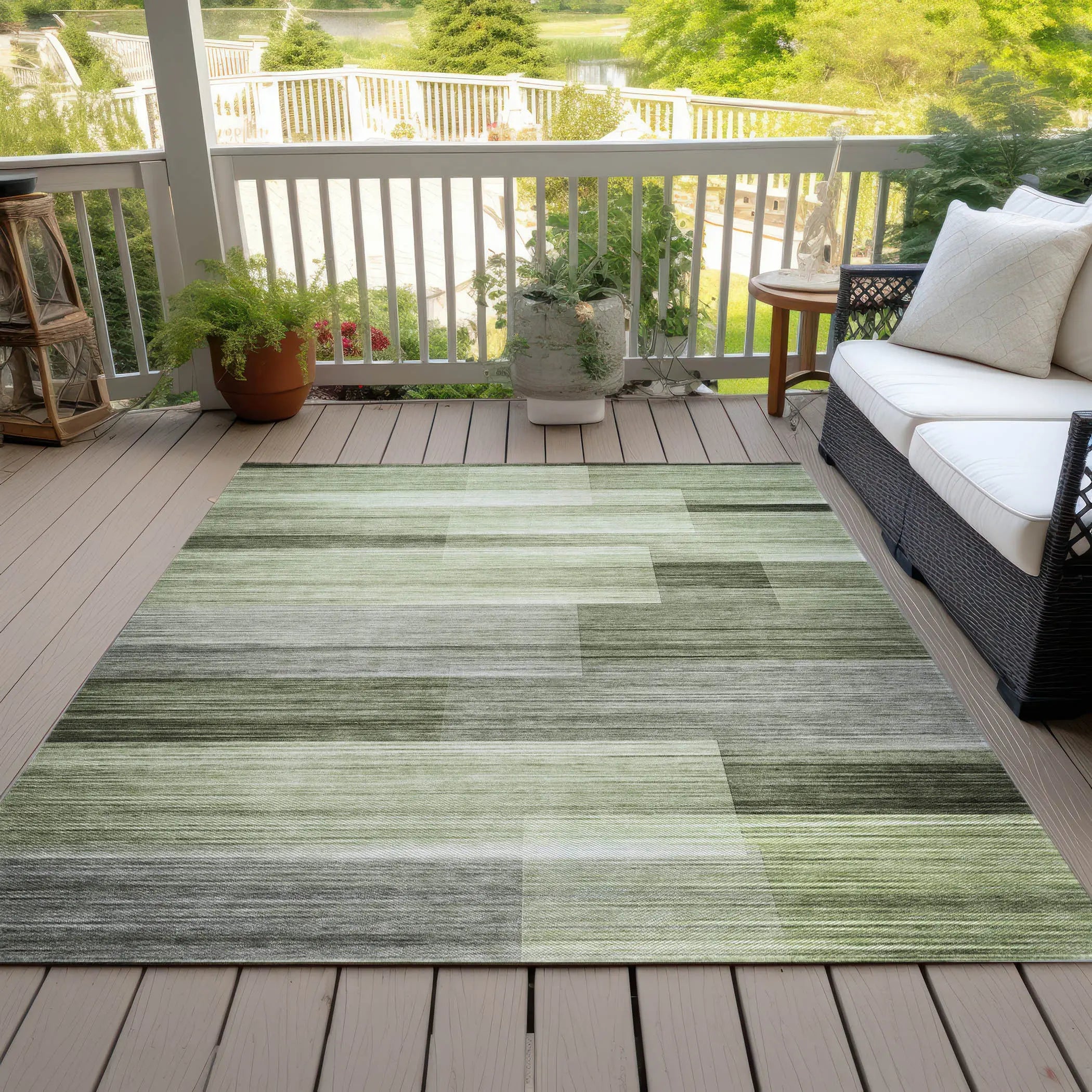 10' X 14' Green And Ivory Striped Washable Indoor Outdoor Area Rug Homeroots Outdoor