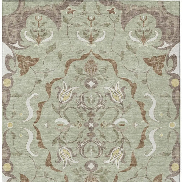 10' X 14' Green And Khaki Damask Washable Indoor Outdoor Area Rug Homeroots Outdoor