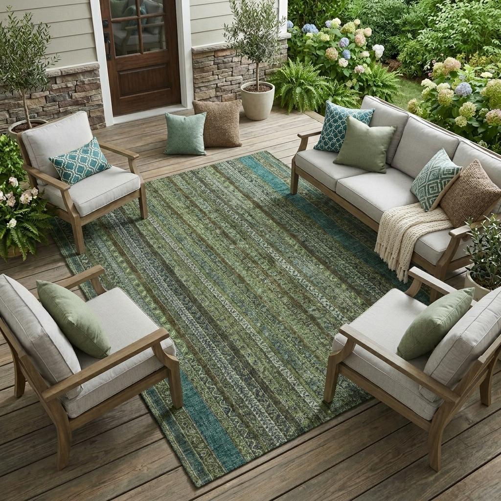 10' X 14' Green And Olive Green Striped Washable Indoor Outdoor Area Rug Homeroots Outdoor