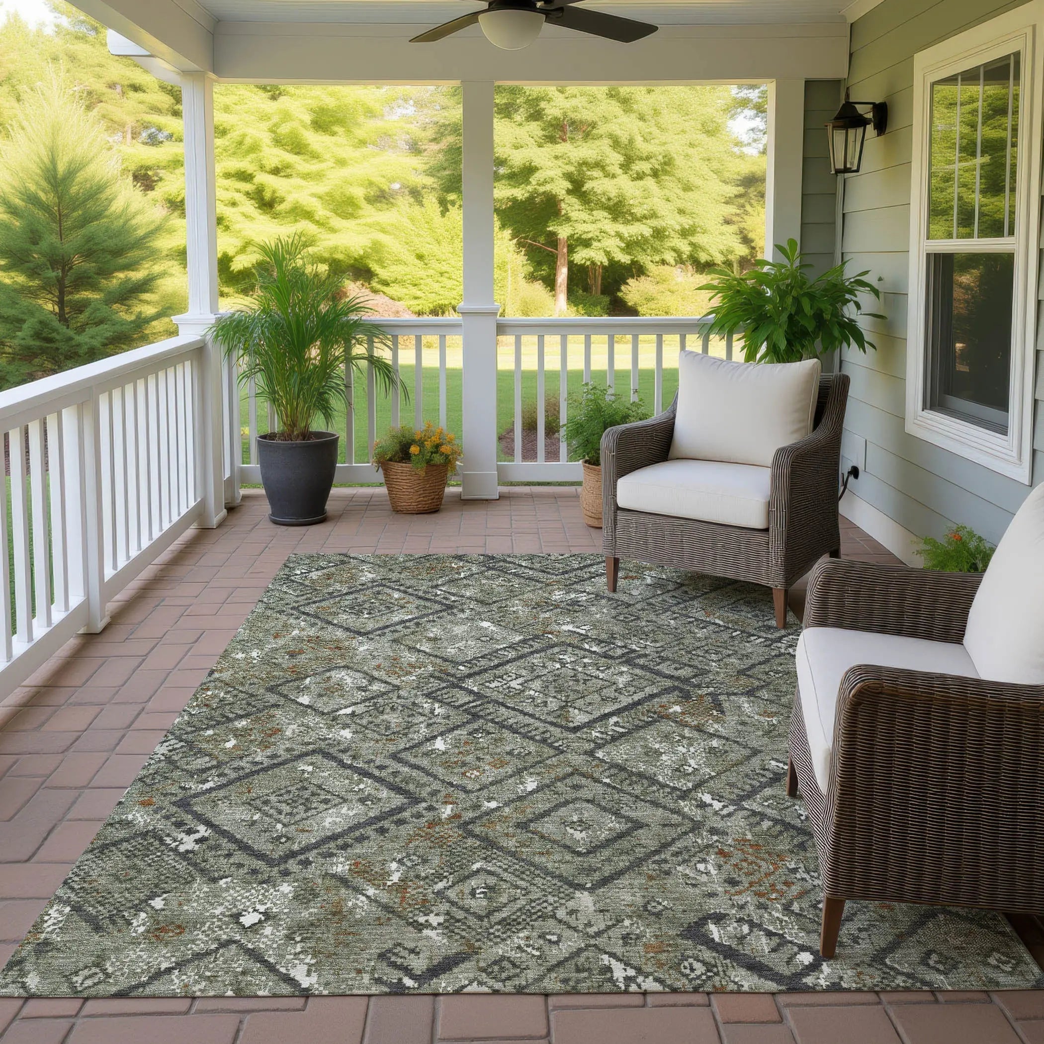 10' X 14' Green And Orange Geometric Washable Indoor Outdoor Area Rug Homeroots Outdoor
