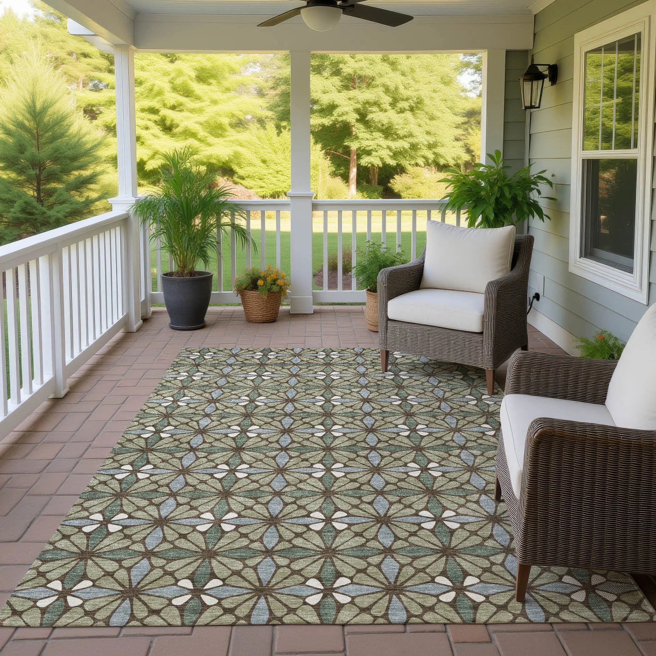 10' X 14' Green And Sage Geometric Washable Indoor Outdoor Area Rug Homeroots Outdoor