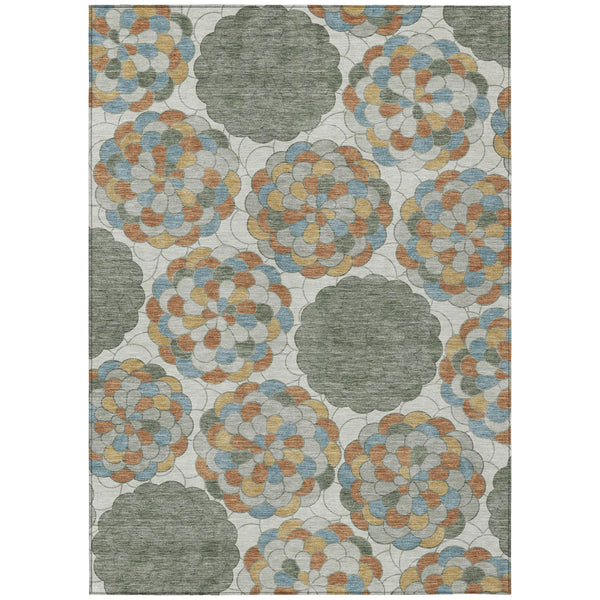 10' X 14' Green And Silver Floral Washable Indoor Outdoor Area Rug Homeroots Outdoor