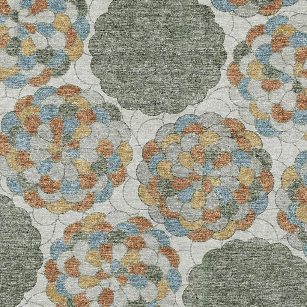 10' X 14' Green And Silver Floral Washable Indoor Outdoor Area Rug Homeroots Outdoor