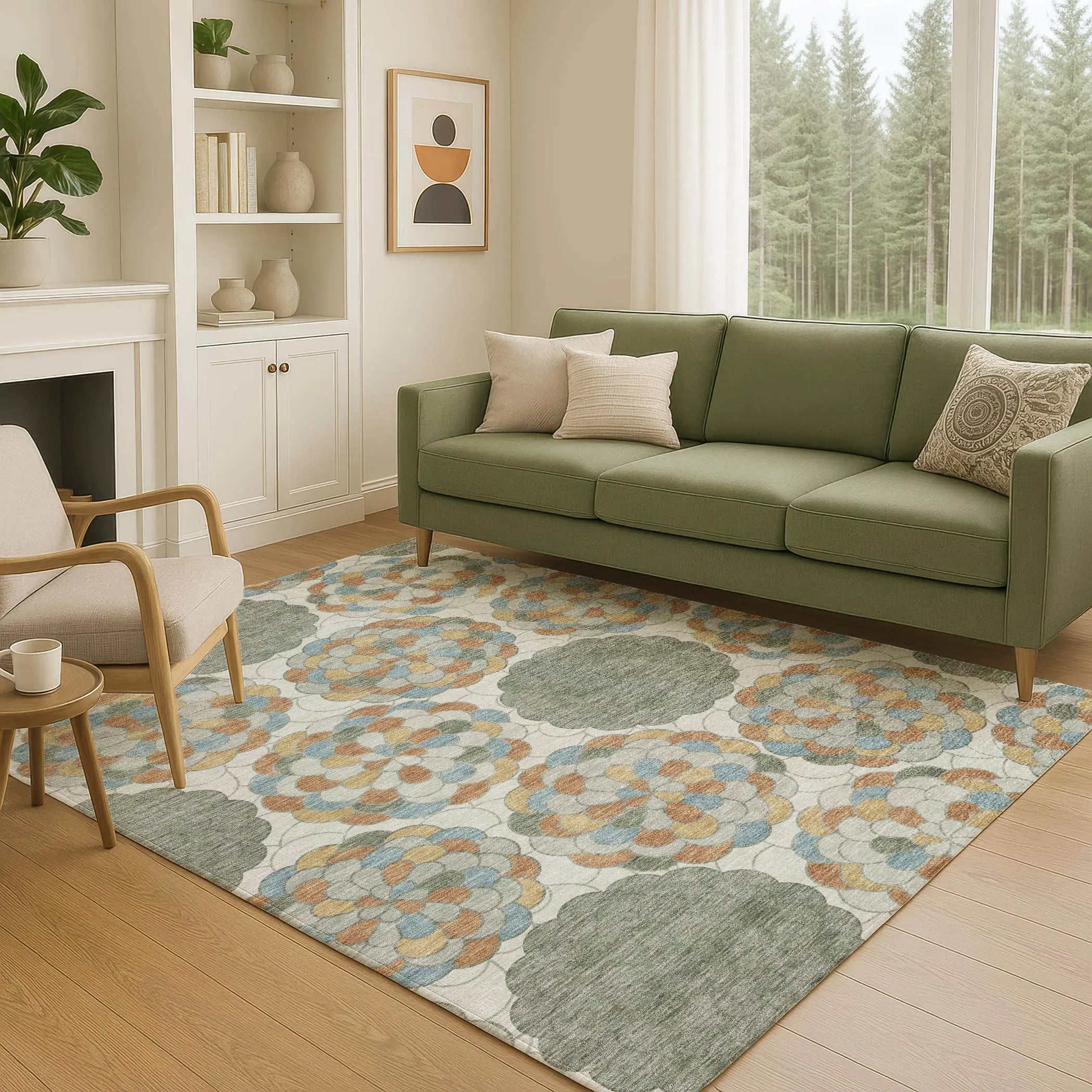 10' X 14' Green And Silver Floral Washable Indoor Outdoor Area Rug Homeroots Outdoor