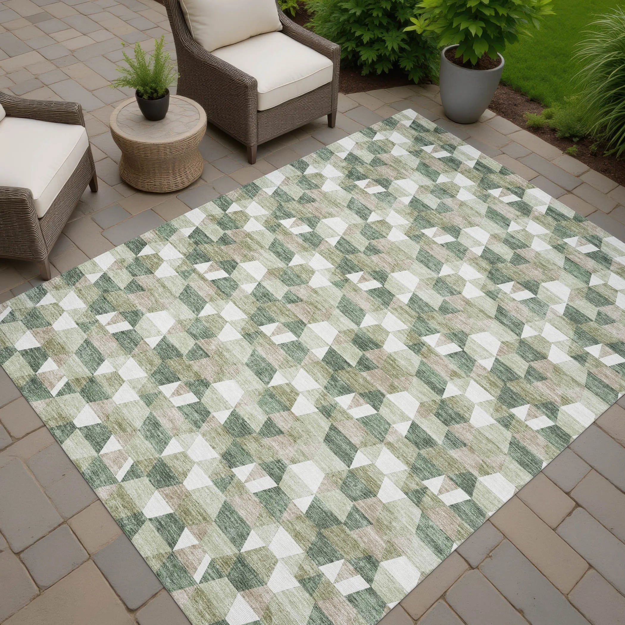10' X 14' Green And Silver Geometric Washable Indoor Outdoor Area Rug Homeroots Outdoor