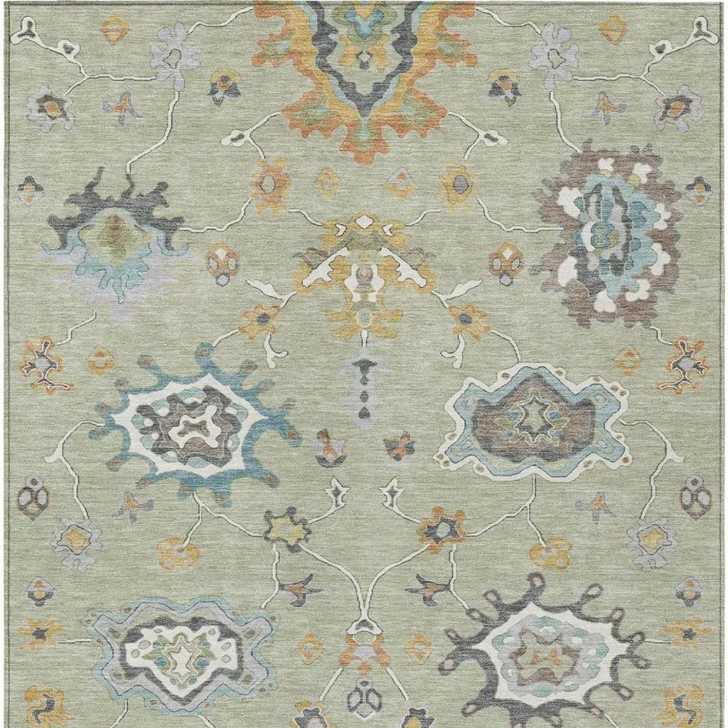 10' X 14' Green And Silver Oriental Washable Indoor Outdoor Area Rug Homeroots Outdoor