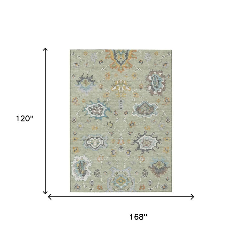 10' X 14' Green And Silver Oriental Washable Indoor Outdoor Area Rug Homeroots Outdoor
