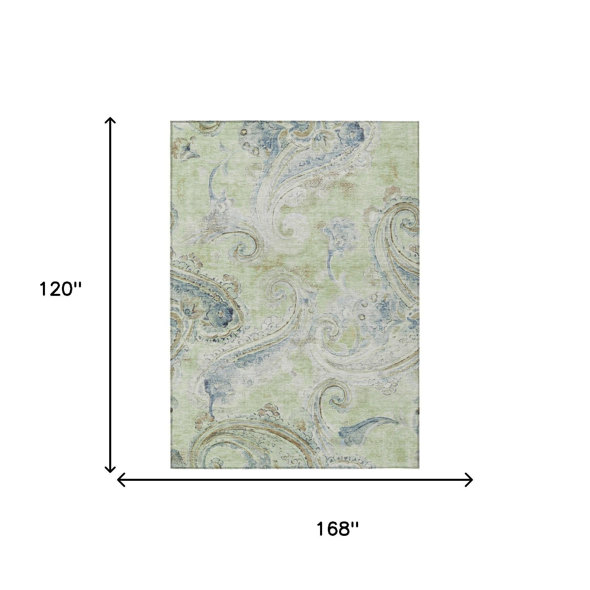 10' X 14' Green And Silver Paisley Washable Indoor Outdoor Area Rug Homeroots Outdoor