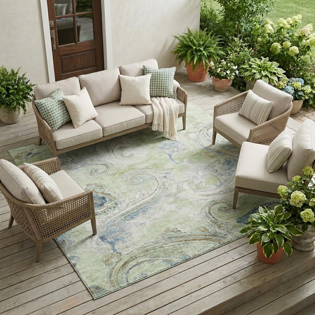 10' X 14' Green And Silver Paisley Washable Indoor Outdoor Area Rug Homeroots Outdoor