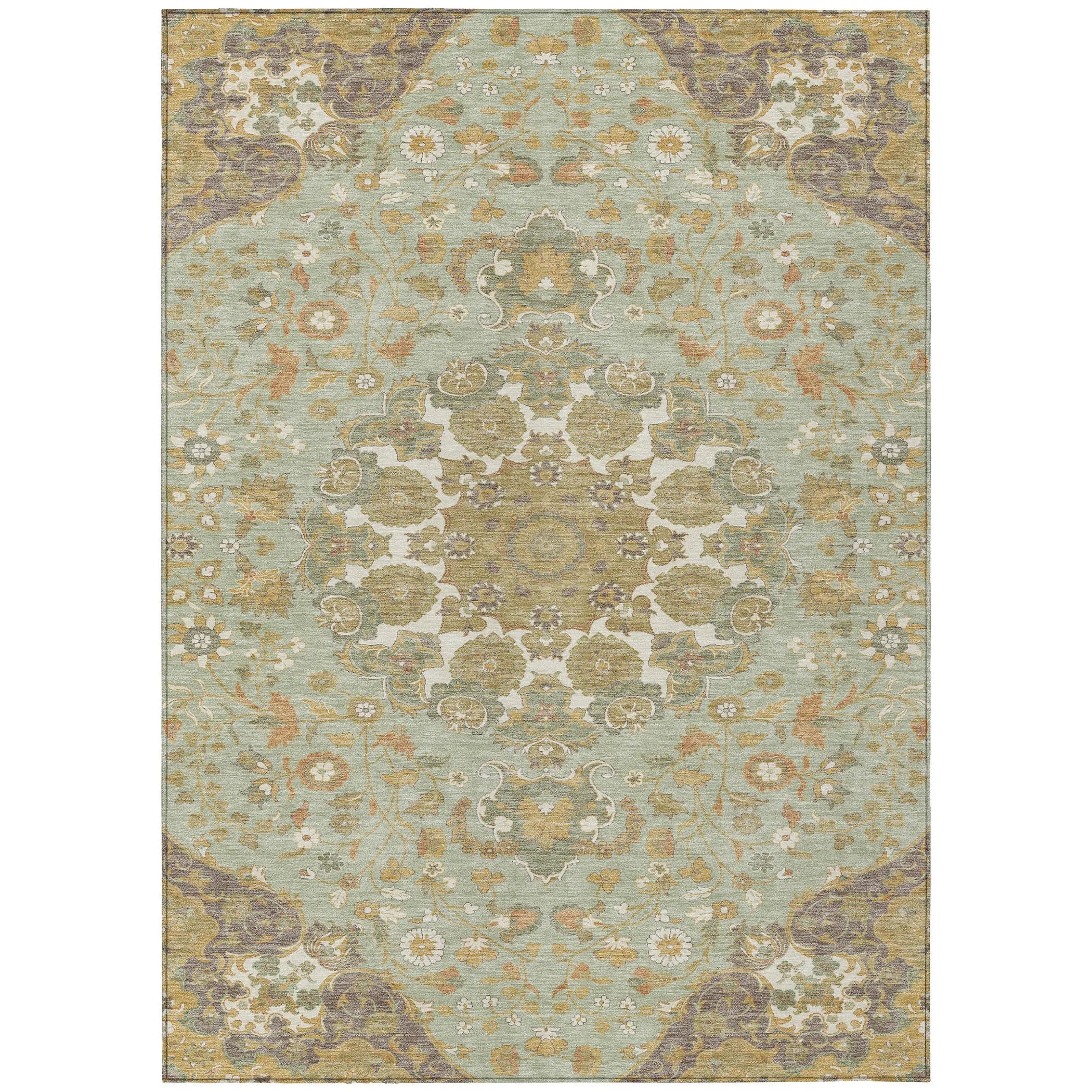 10' X 14' Green And Taupe Damask Washable Indoor Outdoor Area Rug Homeroots Outdoor