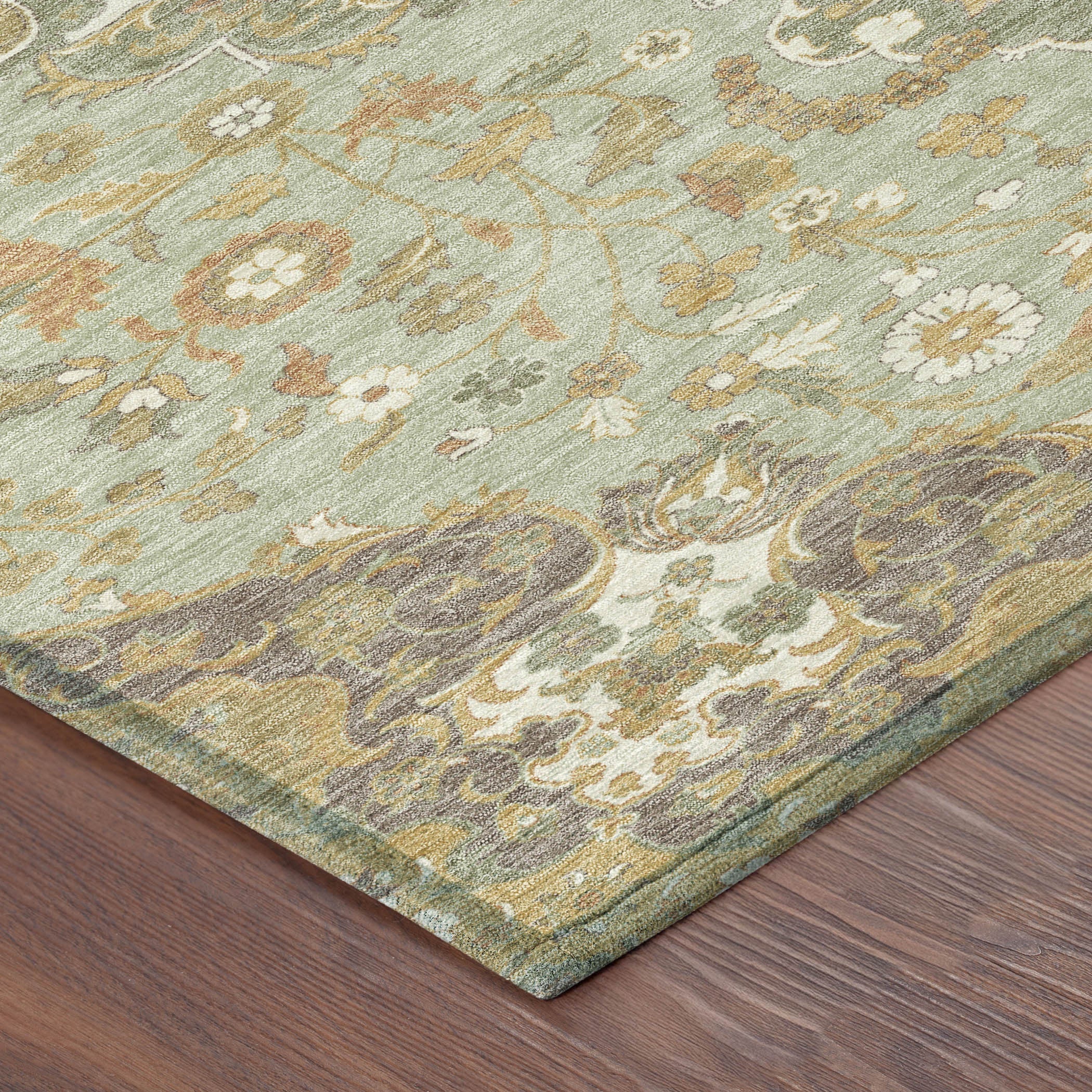 10' X 14' Green And Taupe Damask Washable Indoor Outdoor Area Rug Homeroots Outdoor