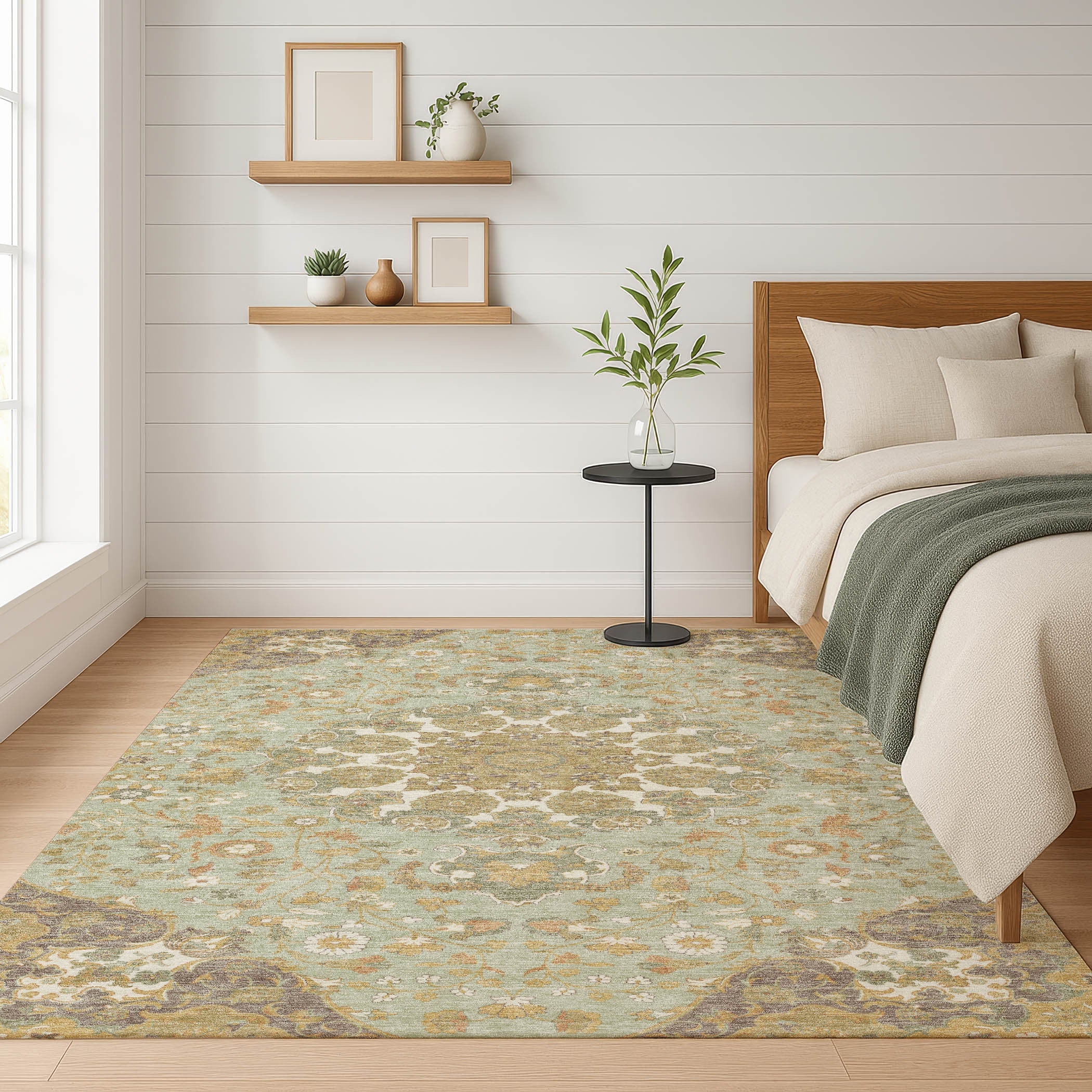 10' X 14' Green And Taupe Damask Washable Indoor Outdoor Area Rug Homeroots Outdoor