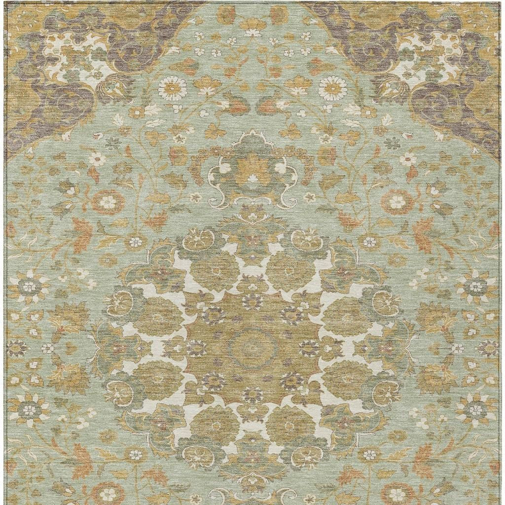 10' X 14' Green And Taupe Damask Washable Indoor Outdoor Area Rug Homeroots Outdoor