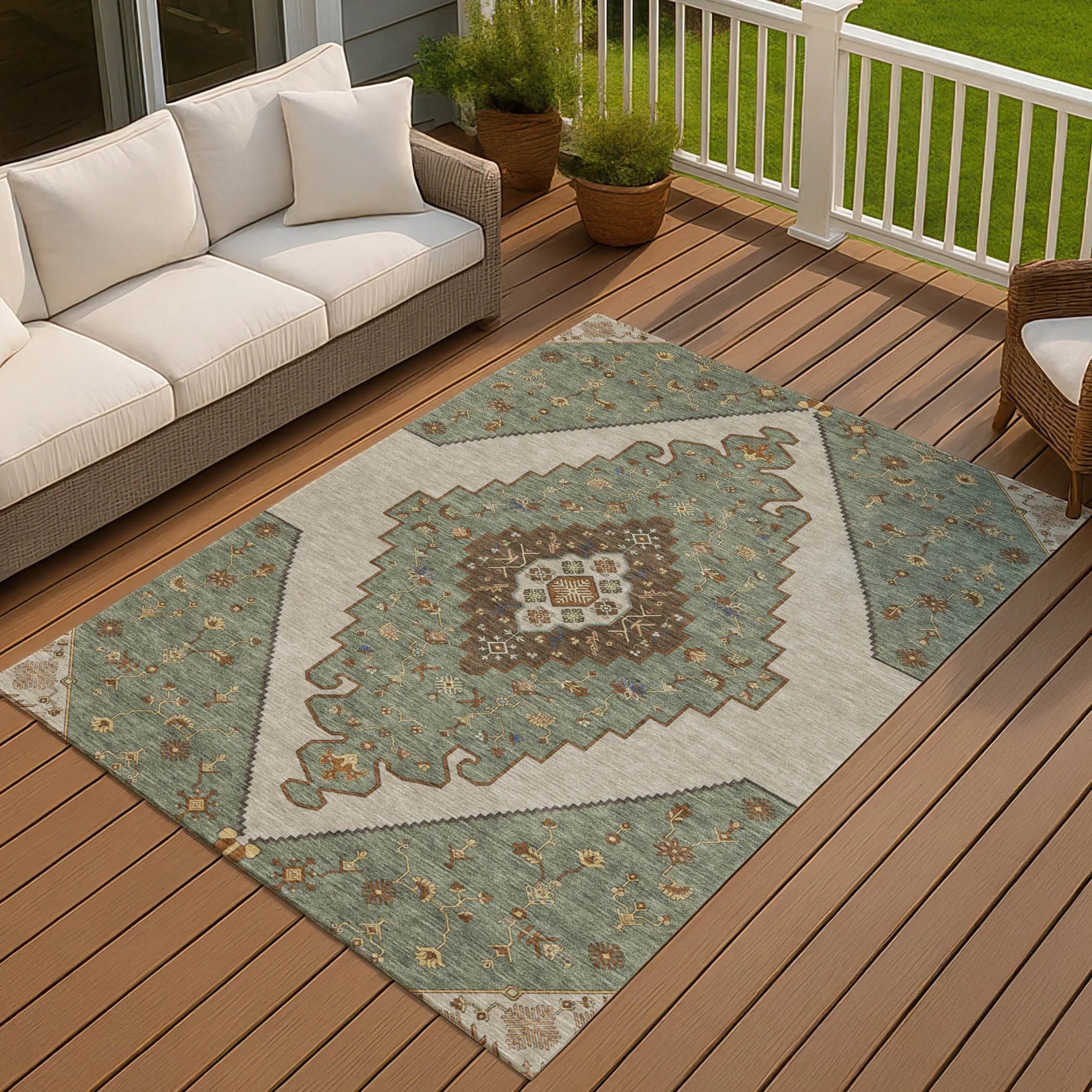 10' X 14' Green And Taupe Geometric Washable Indoor Outdoor Area Rug Homeroots Outdoor