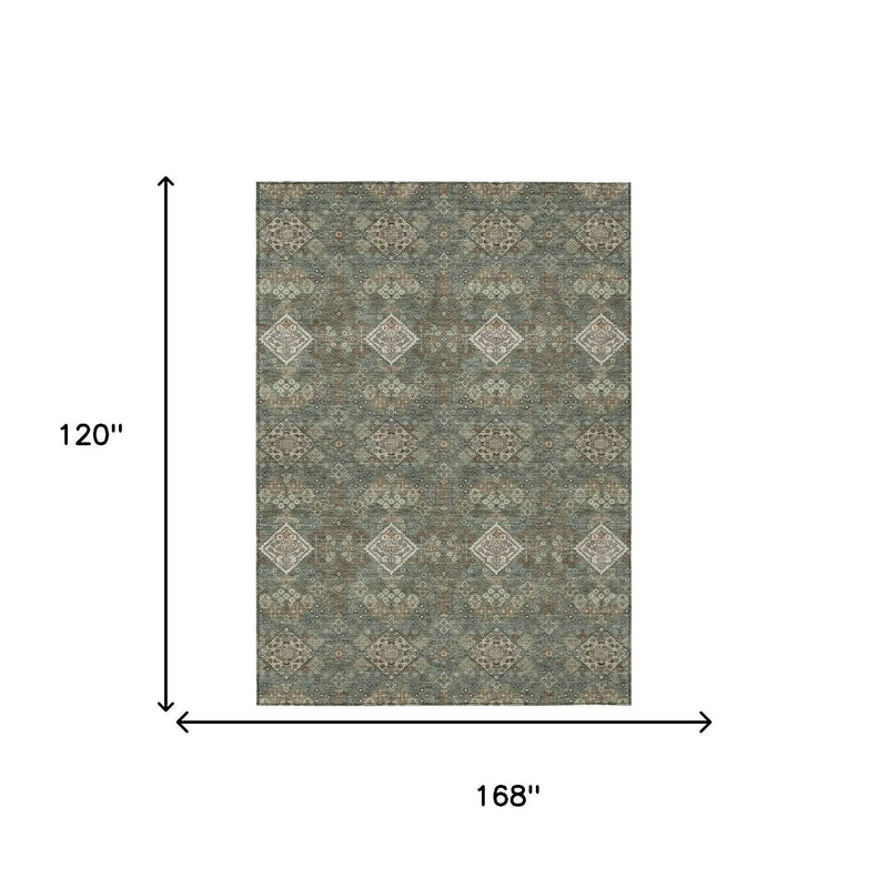 10' X 14' Green And Taupe Geometric Washable Indoor Outdoor Area Rug Homeroots Outdoor