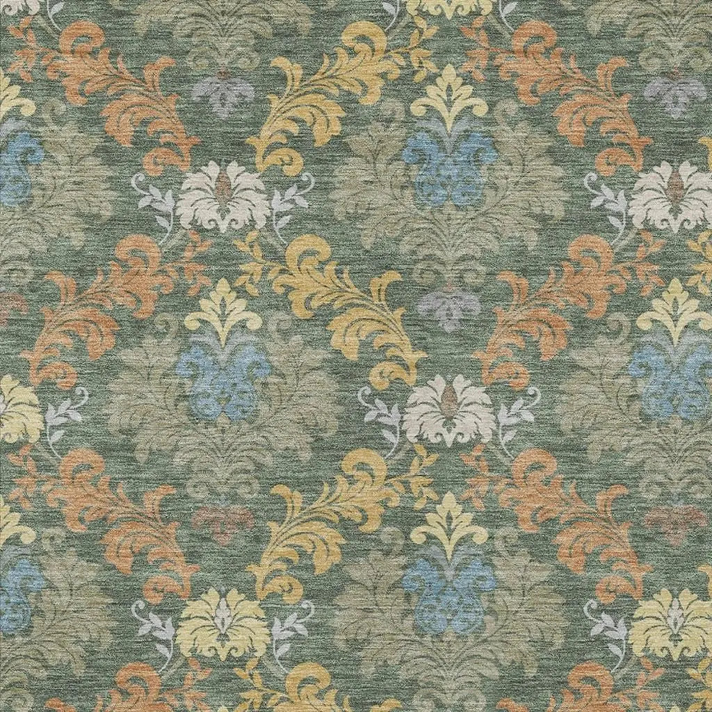 10' X 14' Green And Teal Blue Damask Washable Indoor Outdoor Area Rug Homeroots Outdoor