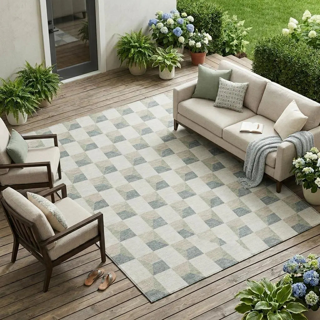 10' X 14' Green And Teal Blue Geometric Washable Indoor Outdoor Area Rug Homeroots Outdoor