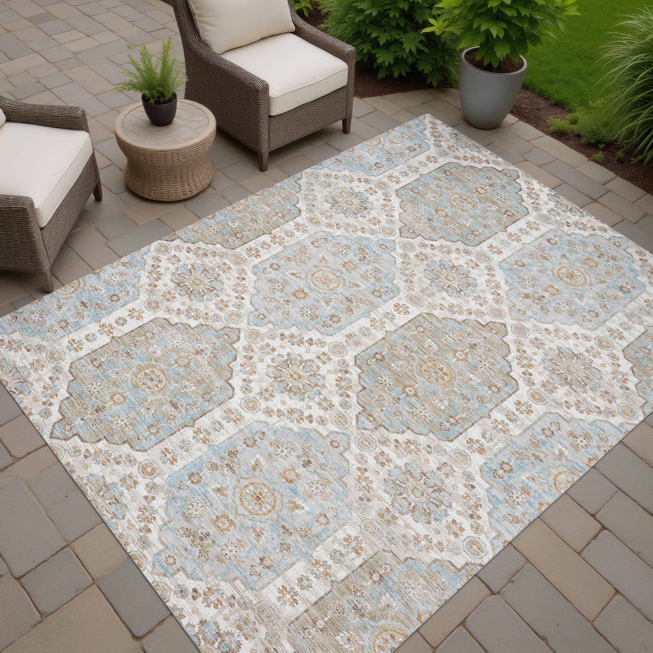 10' X 14' Ivory And Beige Damask Washable Indoor Outdoor Area Rug Homeroots Outdoor