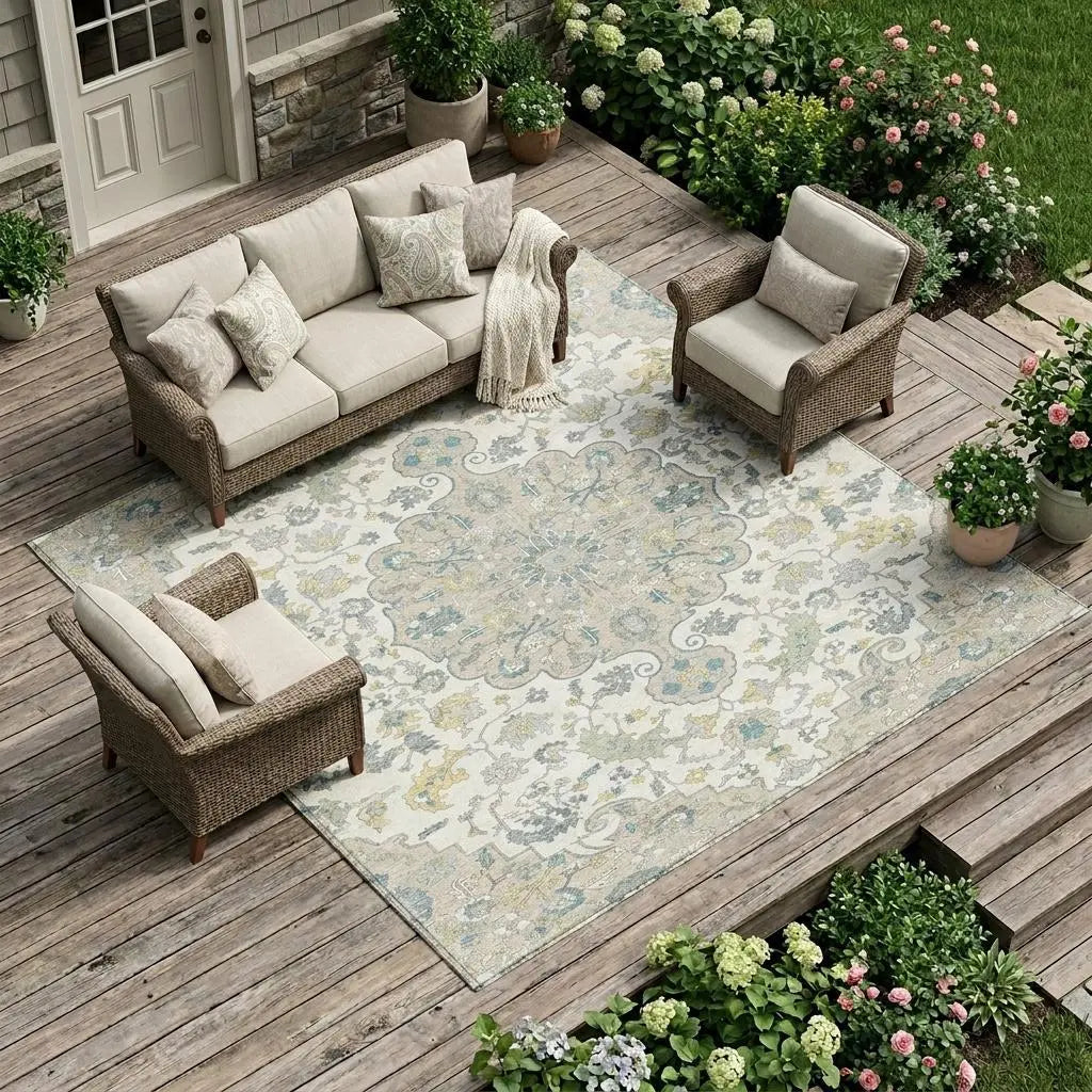 10' X 14' Ivory And Beige Floral Medallion Washable Indoor Outdoor Area Rug Homeroots Outdoor