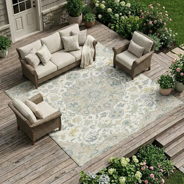 10' X 14' Ivory And Beige Floral Medallion Washable Indoor Outdoor Area Rug Homeroots Outdoor