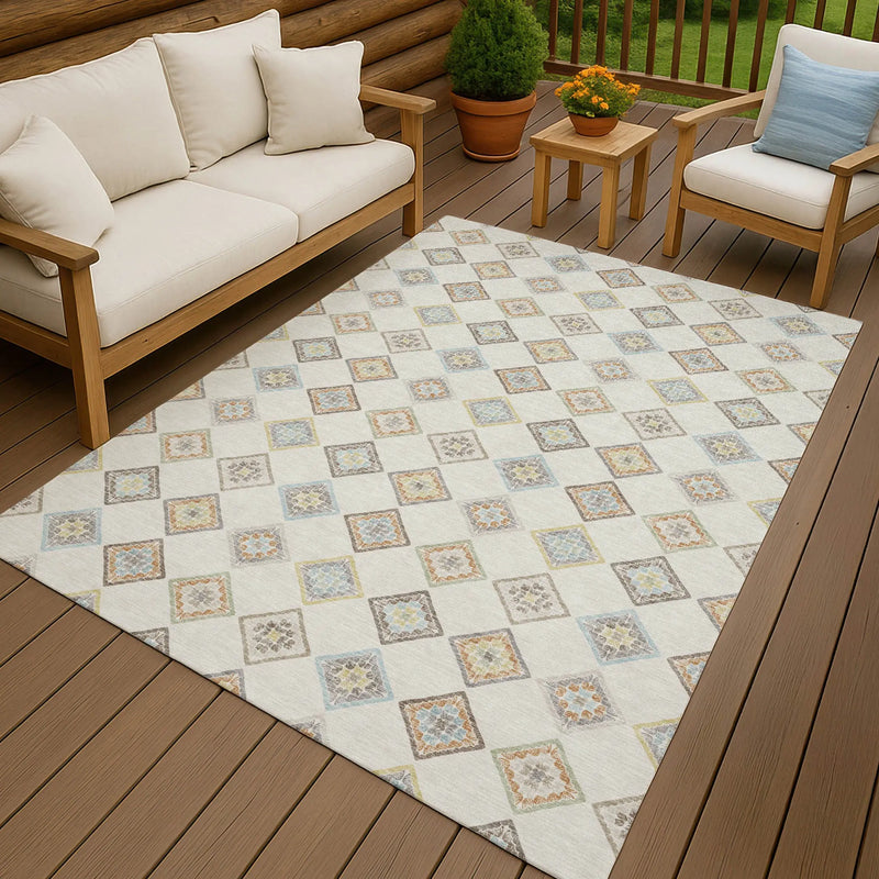 10' X 14' Ivory And Beige Geometric Washable Indoor Outdoor Area Rug Homeroots Outdoor