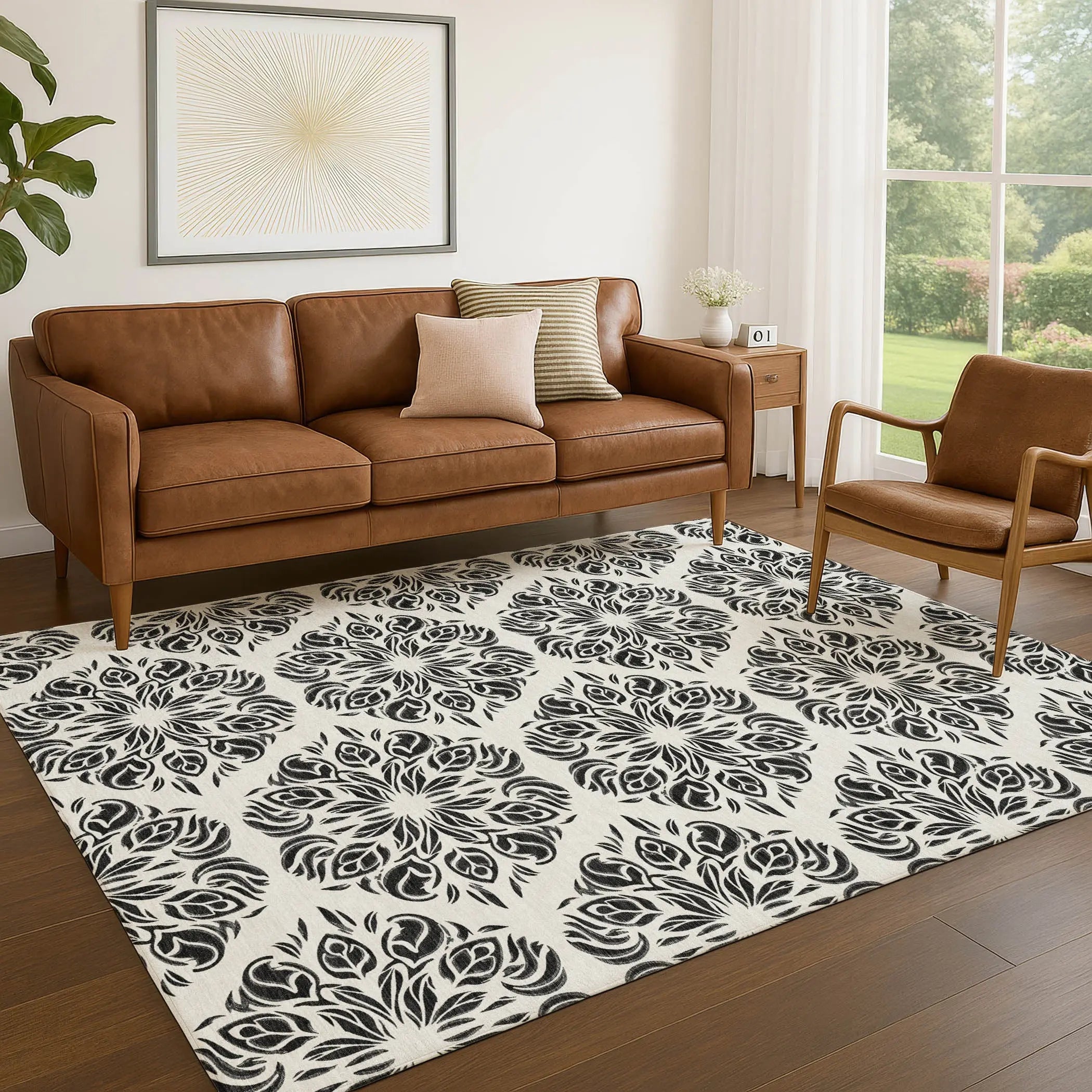 10' X 14' Ivory And Black Damask Washable Indoor Outdoor Area Rug Homeroots Outdoor