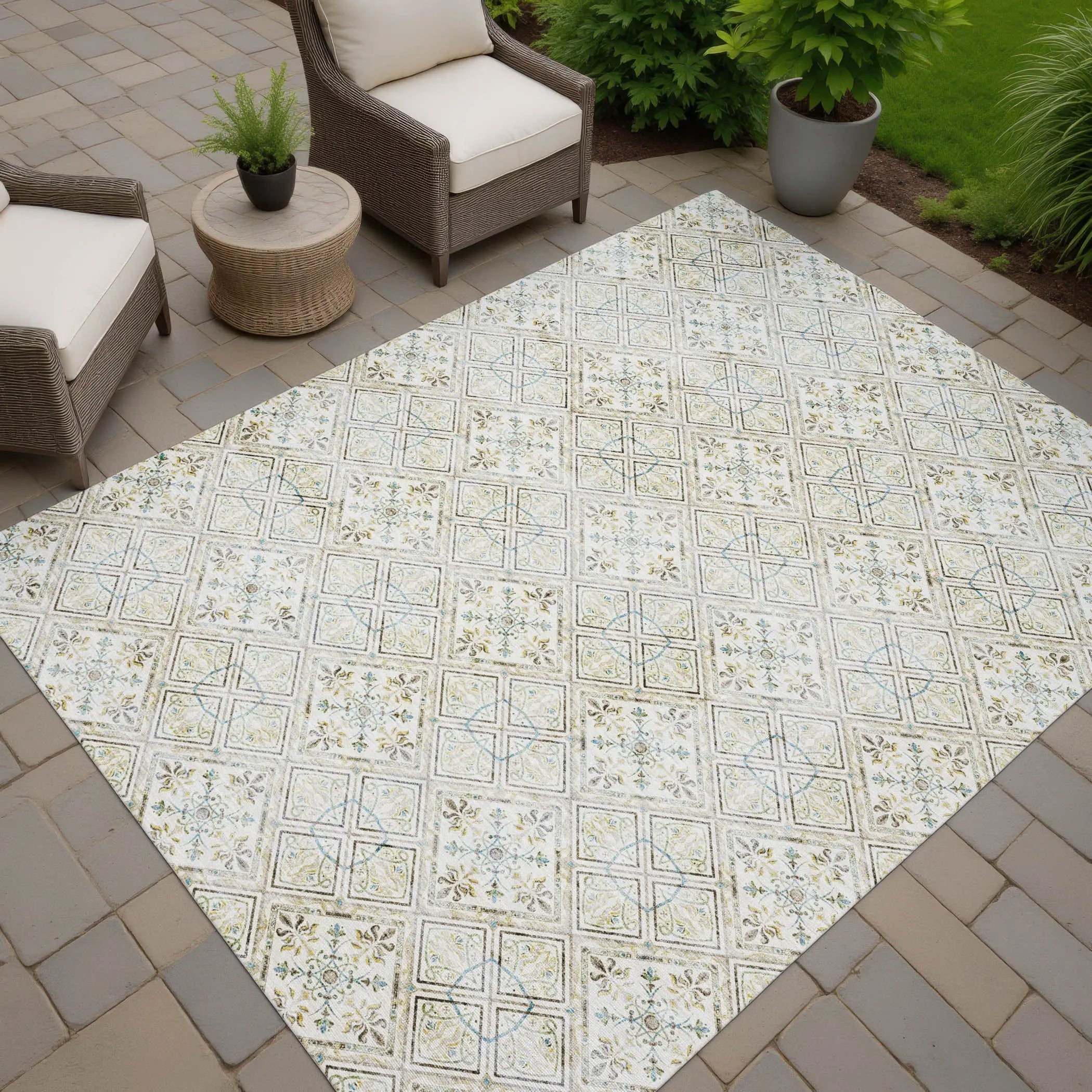 10' X 14' Ivory And Blue Geometric Washable Indoor Outdoor Area Rug Homeroots Outdoor