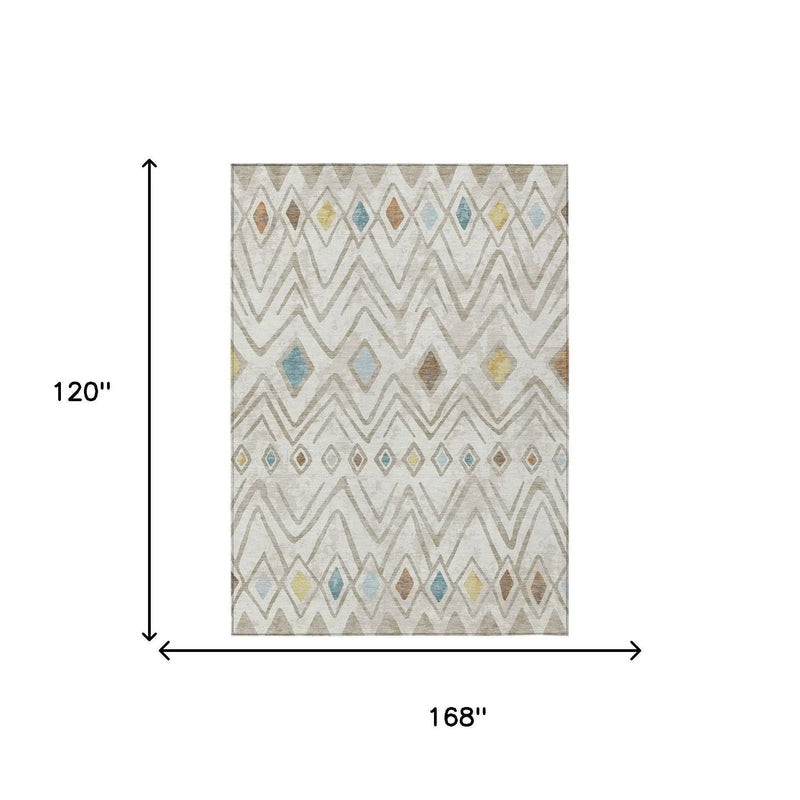 10' X 14' Ivory And Brown Geometric Washable Indoor Outdoor Area Rug Homeroots Outdoor