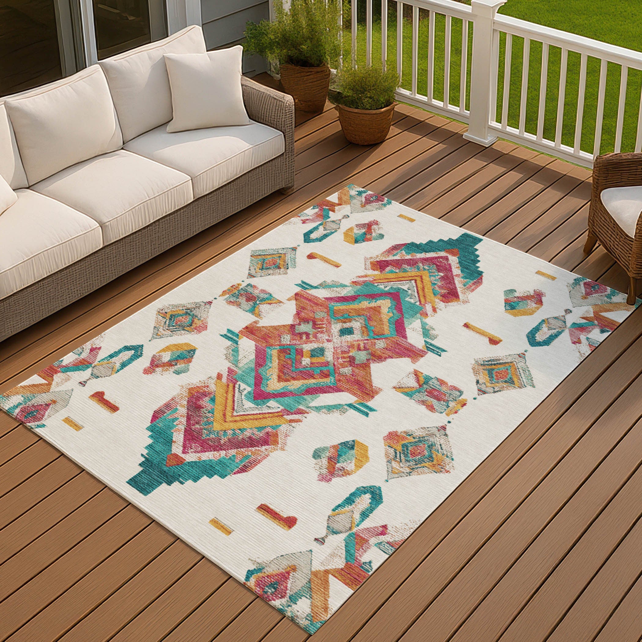 10' X 14' Ivory And Coral Tribal Washable Indoor Outdoor Area Rug Homeroots Outdoor
