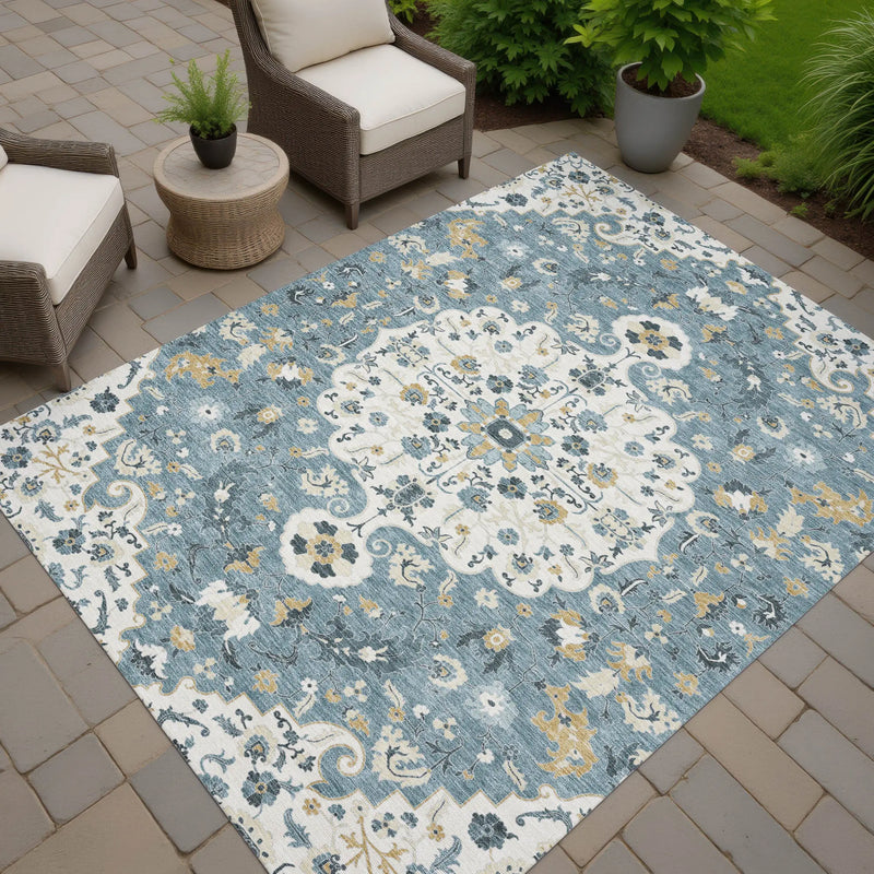 10' X 14' Ivory And Denim Blue Floral Medallion Washable Indoor Outdoor Area Rug Homeroots Outdoor