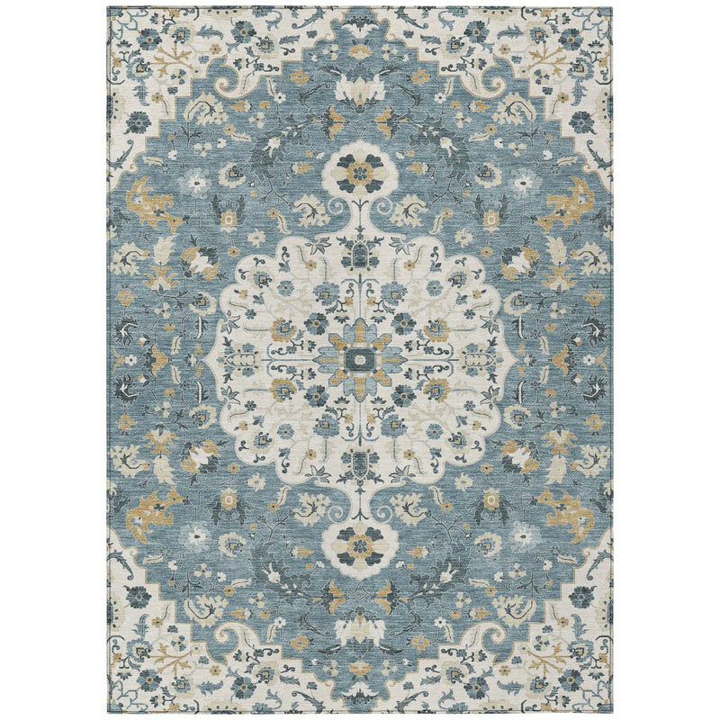 10' X 14' Ivory And Denim Blue Floral Medallion Washable Indoor Outdoor Area Rug Homeroots Outdoor