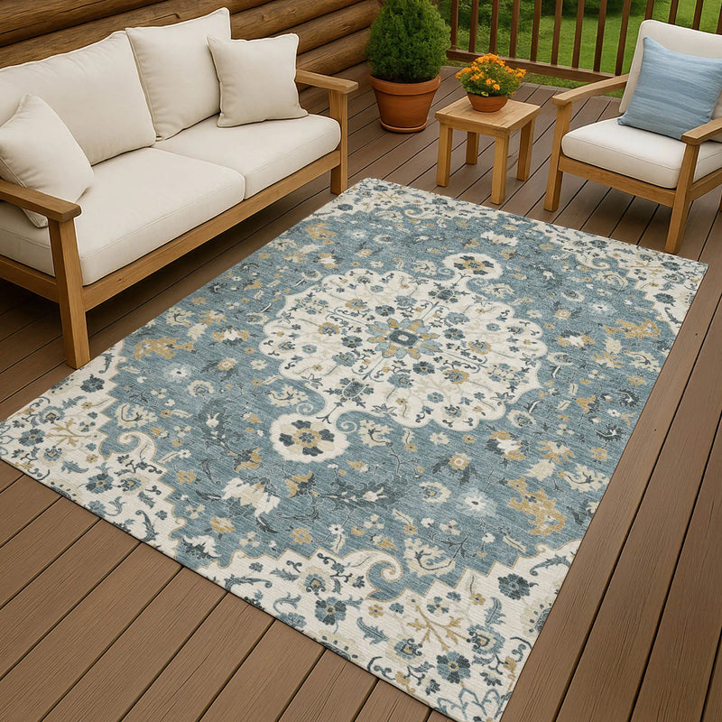 10' X 14' Ivory And Denim Blue Floral Medallion Washable Indoor Outdoor Area Rug Homeroots Outdoor