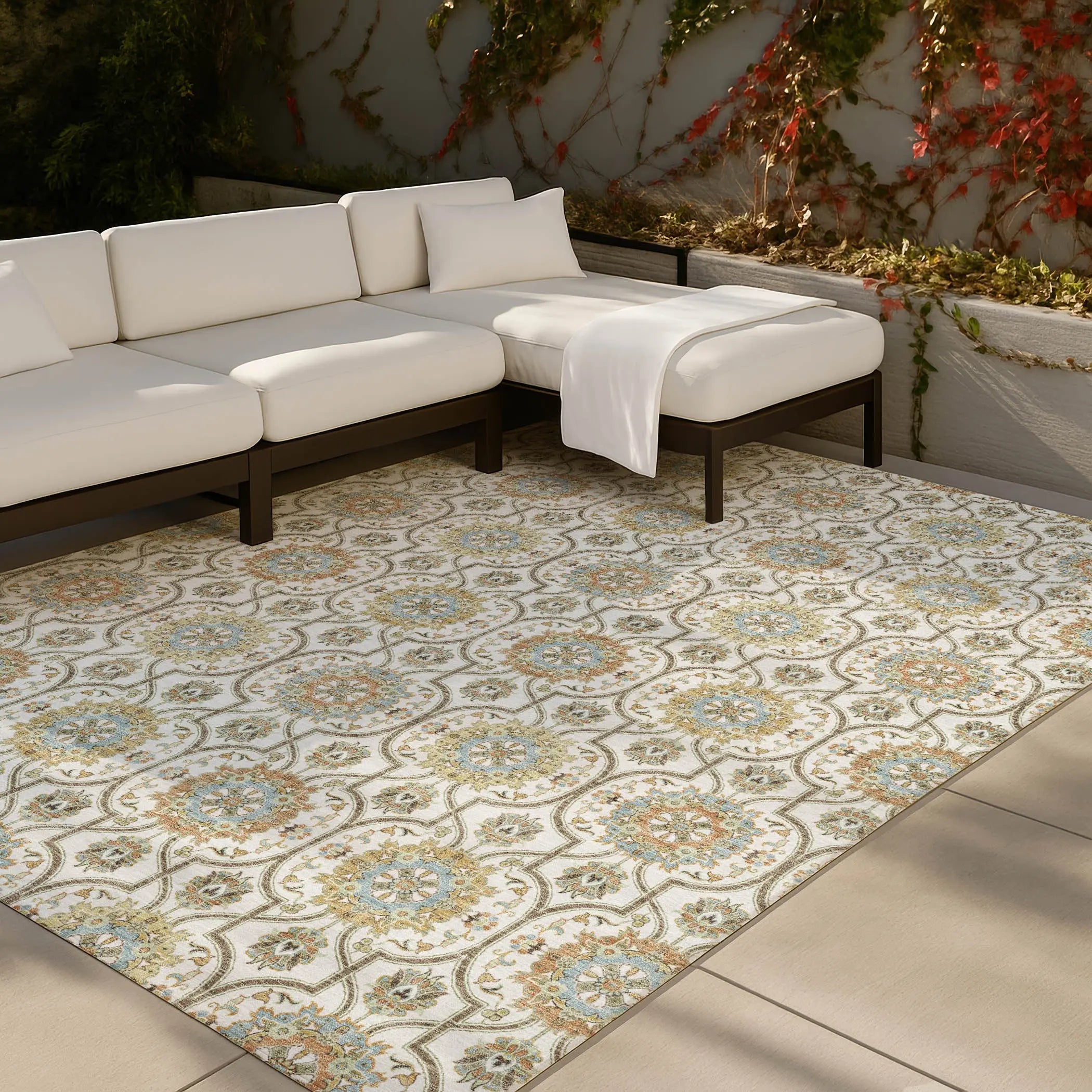 10' X 14' Ivory And Gold Floral Medallion Washable Indoor Outdoor Area Rug Homeroots Outdoor