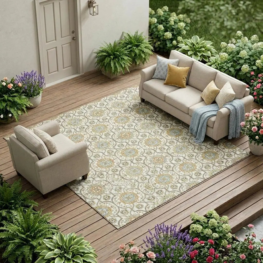 10' X 14' Ivory And Gold Floral Medallion Washable Indoor Outdoor Area Rug Homeroots Outdoor